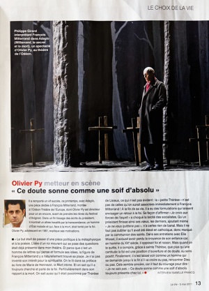 La Vie - 5 mai 2011 - Philippe Girard (François Mitterrand) interprète ' Adagio ( Mitterrand, le secret et la mort ) ' , un spectacle d'Olivier Py - Théâtre de l'Odéon 
