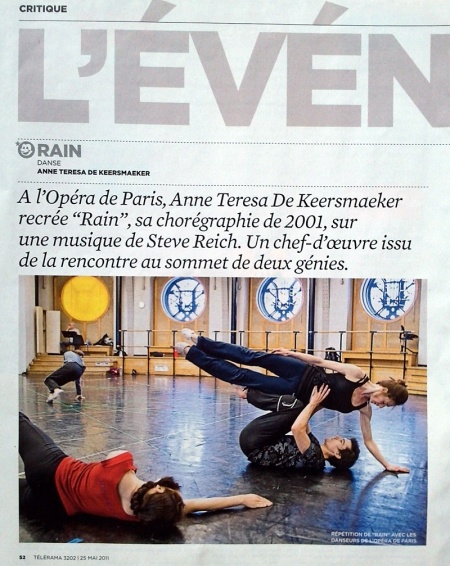 Télérama - 25 mai 2011 - répétitions de Rain d'Anne Teresa de Keersmaeker qui entre au répertoire du Ballet de l'Opéra national de Paris